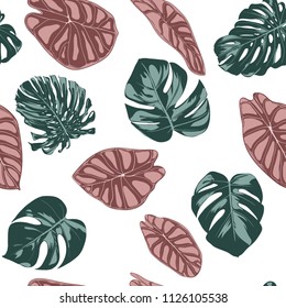 Tropical Jungle Leaves. Vector Seamless Pattern. Philodendron or Monstera Plant Repeating Background for Textile, Wallpaper, Summer Decoration. Floral Seamless Pattern with Alocasia and Monstera Leaf.