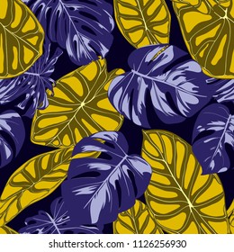 Tropical Jungle Leaves. Vector Seamless Pattern. Philodendron or Monstera Plant Repeating Background for Textile, Wallpaper, Summer Decoration. Floral Seamless Pattern with Alocasia and Monstera Leaf.
