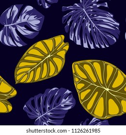 Tropical Jungle Leaves. Vector Seamless Pattern. Philodendron or Monstera Plant Repeating Background for Textile, Wallpaper, Summer Decoration. Floral Seamless Pattern with Alocasia and Monstera Leaf.