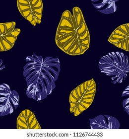 Tropical Jungle Leaves. Vector Seamless Pattern. Philodendron or Monstera Plant Repeating Background for Textile, Wallpaper, Summer Decoration. Floral Seamless Pattern with Alocasia and Monstera Leaf.