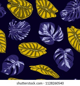 Tropical Jungle Leaves. Vector Seamless Pattern. Philodendron or Monstera Plant Repeating Background for Textile, Wallpaper, Summer Decoration. Floral Seamless Pattern with Alocasia and Monstera Leaf.