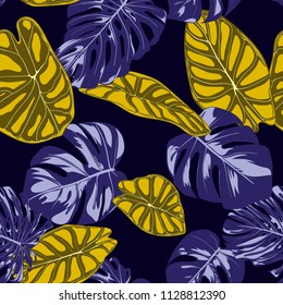 Tropical Jungle Leaves. Vector Seamless Pattern. Philodendron or Monstera Plant Repeating Background for Textile, Wallpaper, Summer Decoration. Floral Seamless Pattern with Alocasia and Monstera Leaf.