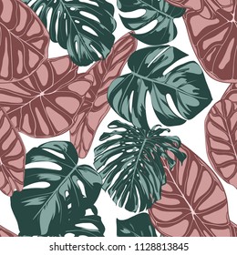 Tropical Jungle Leaves. Vector Seamless Pattern. Philodendron or Monstera Plant Repeating Background for Textile, Wallpaper, Summer Decoration. Floral Seamless Pattern with Alocasia and Monstera Leaf.