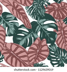 Tropical Jungle Leaves. Vector Seamless Pattern. Philodendron or Monstera Plant Repeating Background for Textile, Wallpaper, Summer Decoration. Floral Seamless Pattern with Alocasia and Monstera Leaf.