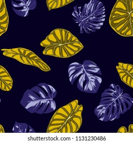 Tropical Jungle Leaves. Vector Seamless Pattern. Philodendron or Monstera Plant Repeating Background for Textile, Wallpaper, Summer Decoration. Floral Seamless Pattern with Alocasia and Monstera Leaf.