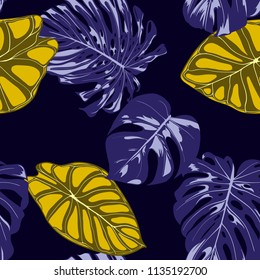 Tropical Jungle Leaves. Vector Seamless Pattern. Philodendron or Monstera Plant Repeating Background for Textile, Wallpaper, Summer Decoration. Floral Seamless Pattern with Alocasia and Monstera Leaf.