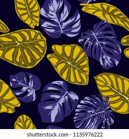 Tropical Jungle Leaves. Vector Seamless Pattern. Philodendron or Monstera Plant Repeating Background for Textile, Wallpaper, Summer Decoration. Floral Seamless Pattern with Alocasia and Monstera Leaf.