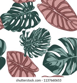 Tropical Jungle Leaves. Vector Seamless Pattern. Philodendron or Monstera Plant Repeating Background for Textile, Wallpaper, Summer Decoration. Floral Seamless Pattern with Alocasia and Monstera Leaf.
