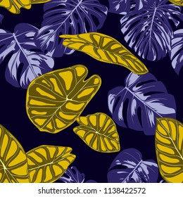 Tropical Jungle Leaves. Vector Seamless Pattern. Philodendron or Monstera Plant Repeating Background for Textile, Wallpaper, Summer Decoration. Floral Seamless Pattern with Alocasia and Monstera Leaf.