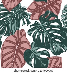 Tropical Jungle Leaves. Vector Seamless Pattern. Philodendron or Monstera Plant Repeating Background for Textile, Wallpaper, Summer Decoration. Floral Seamless Pattern with Alocasia and Monstera Leaf.