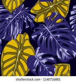 Tropical Jungle Leaves. Vector Seamless Pattern. Philodendron or Monstera Plant Repeating Background for Textile, Wallpaper, Summer Decoration. Floral Seamless Pattern with Alocasia and Monstera Leaf.