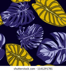 Tropical Jungle Leaves. Vector Seamless Pattern. Philodendron or Monstera Plant Repeating Background for Textile, Wallpaper, Summer Decoration. Floral Seamless Pattern with Alocasia and Monstera Leaf.