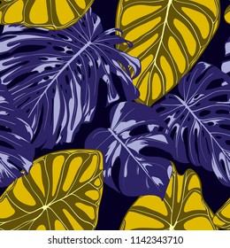 Tropical Jungle Leaves. Vector Seamless Pattern. Philodendron or Monstera Plant Repeating Background for Textile, Wallpaper, Summer Decoration. Floral Seamless Pattern with Alocasia and Monstera Leaf.