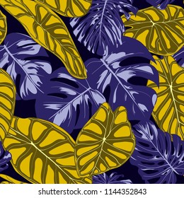 Tropical Jungle Leaves. Vector Seamless Pattern. Philodendron or Monstera Plant Repeating Background for Textile, Wallpaper, Summer Decoration. Floral Seamless Pattern with Alocasia and Monstera Leaf.