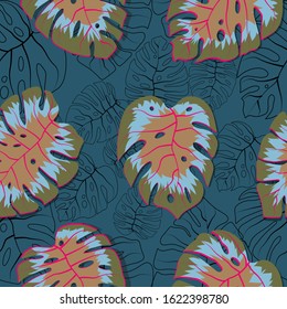 Tropical jungle leaves vector seamless pattern. Floral pattern with monstera leaf. Floral background with tropical leaves. Beautiful hand-drawn exotic plants. Vector illustration