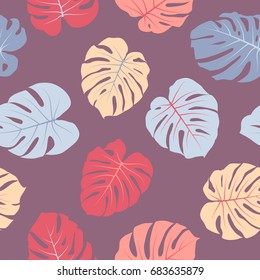 Tropical jungle leaves vector seamless red, blue and plum color pattern. Philodendron or monstera plant repeating background for fabric textile, summer decoration. Floral pattern with monstera leaf.