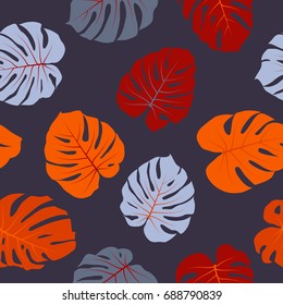 Tropical jungle leaves vector seamless red and grey pattern. Philodendron or monstera plant repeating background for textile, wallpaper, summer decoration. Floral tropical leaf pattern with monstera.