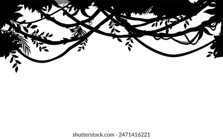 Tropical jungle liana branch vines silhouette on background, vector ivy plant. Creeper tree leaves of jungle forest or liana vines frame, climbing and hanging ivy branches of park or garden foliage