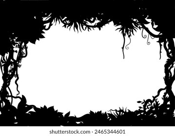 Tropical jungle liana silhouette frame of ivy vine or creeper plant, vector background. Jungle forest or rainforest frame of hanging liana with leaves, climbing roots and vine tendrils silhouettes