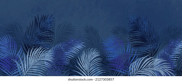 Tropical jungle on dark blue background. Botanical exotic forest with palm, coconut leaves and branches in blue tone and summer style. Watercolor texture design for banner, wall art and poster.