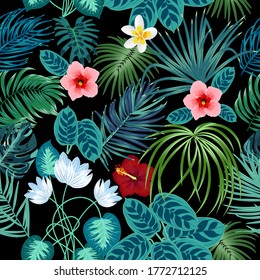 Tropical jungle palm leaves and flowers seamless pattern, vector background