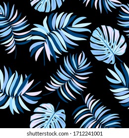 Tropical jungle palm leaves, monstera seamless pattern, vector background