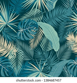 Tropical jungle palm leaves seamless pattern, vector background