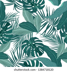 Tropical jungle palm leaves seamless pattern, vector background