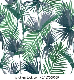 Tropical Jungle Palm Leaves Seamless Background, Vector Floral Pattern Illustration for Wallpaper, Print Design, Textile Template