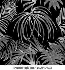 Tropical jungle palm leaves seamless pattern, palm tree, black vector background