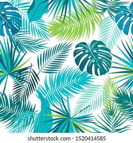 Tropical jungle palm leaves seamless pattern, monstera and flowers, vector background