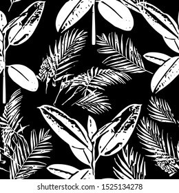Tropical jungle palm leaves seamless pattern, palm tree, white on black vector background