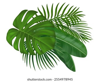 Tropical jungle palm leaves. Summer botanical design elements with greenery tropic exotic leaves for card, invitation, banner, poster, social media, postcards. Vector illustration