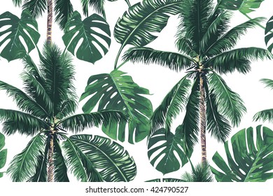 Tropical jungle palm leaves, trees seamless vector floral pattern background