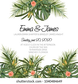 Tropical jungle palm tree leaves with exotic flowers on light background. Text placeholder in the middle. Wedding marriage event invitation template. Vector design illustration.