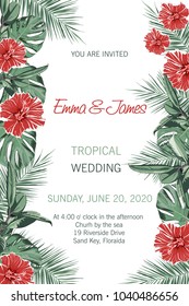 Tropical jungle palm tree leaves with exotic hibiscus flowers on light background. Text placeholder in the middle. Wedding marriage event invitation. Vector design illustration. Vintage style.