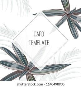 Tropical jungle palm tree leaves with exotic violet plant on light background. Text placeholder in the middle. Wedding marriage event invitation template. Vector design illustration.
