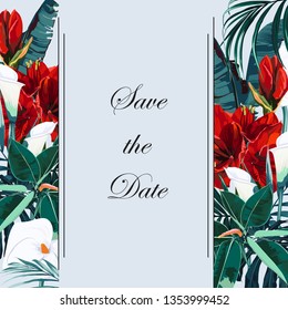 Tropical jungle palm tree leaves with exotic red lilies flowers. Text placeholder in the middle. Wedding marriage event invitation. Vintage style.