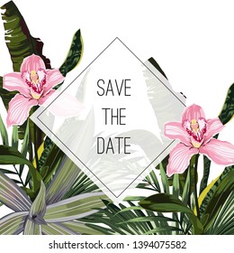 Tropical jungle palm tree leaves with exotic pink orchid flowers. Text placeholder in the middle. Wedding marriage event invitation. 