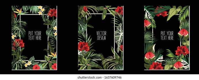 Tropical jungle palm tree leaves with exotic red lilies flowers. Text placeholder in the middle. Wedding marriage event or party invitation set. Black background.	
