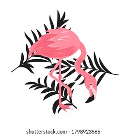 Tropical jungle palm tree leaves of black color and Pink exotic flamingo bird, texture on white background. Vector eps 10 illustration