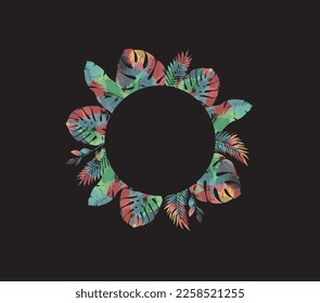 Tropical jungle palm tree leaves card. Circle frame with copy space