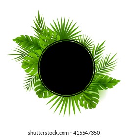 Tropical Jungle Palm Tree Leaves Card. Circle Frame With Copy Space