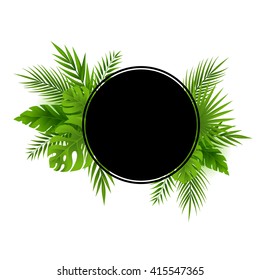 Tropical jungle palm tree leaves card. Circle frame with copy space