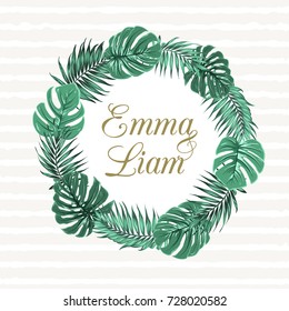 Tropical Jungle Palm Tree Monstera Leaves Round Wreath Object On Light Stripes Background. Text Placeholder In The Middle. Wedding Marriage Event Invitation Template. Vector Design Illustration.