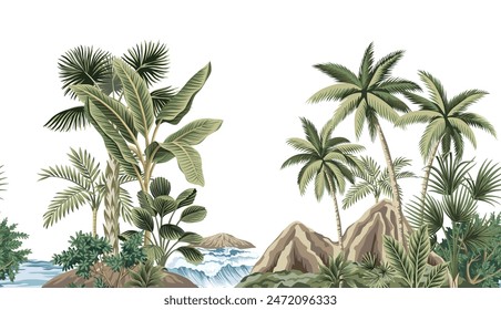 Tropical jungle palm trees, banana tree, green plants floral seamless border white background. Hawaiian island and sea waves wallpaper.