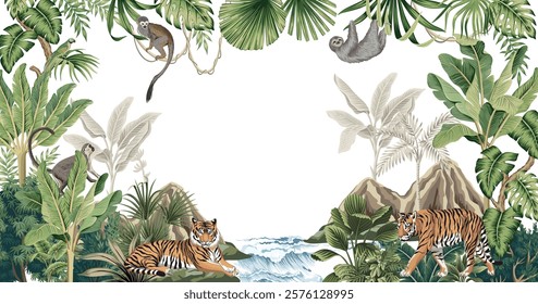 Tropical jungle palm trees, banana tree, green plants, tiger, monkey, sloth animal, parrot frame. Hawaiian island and sea waves mural.