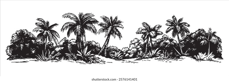 tropical jungle with palm trees and dense vegetation in black and white hand-drawn style