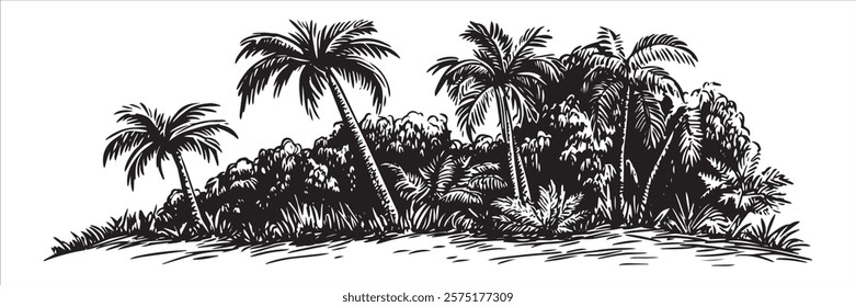 tropical jungle with palm trees in monochrome hand-drawn style