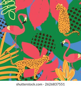 Tropical jungle pattern with cheetahs and flamingos in bold flat style